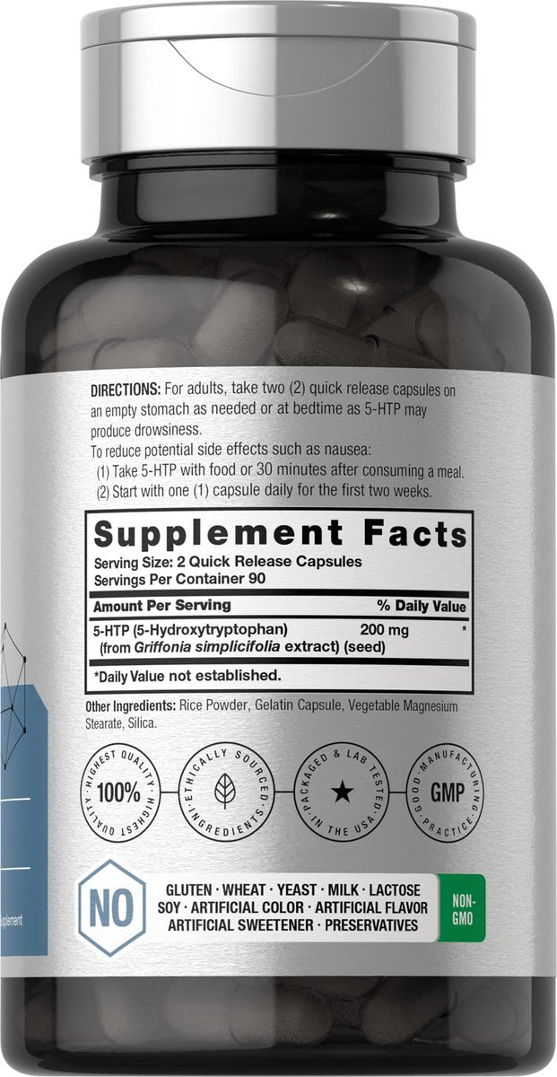 Horbäach 5-HTP 200 mg Nahrungsergänzungsmittel – 180 Kapseln, extra stark, aus Griffonia simplicifolia, non-GMO, glutenfrei