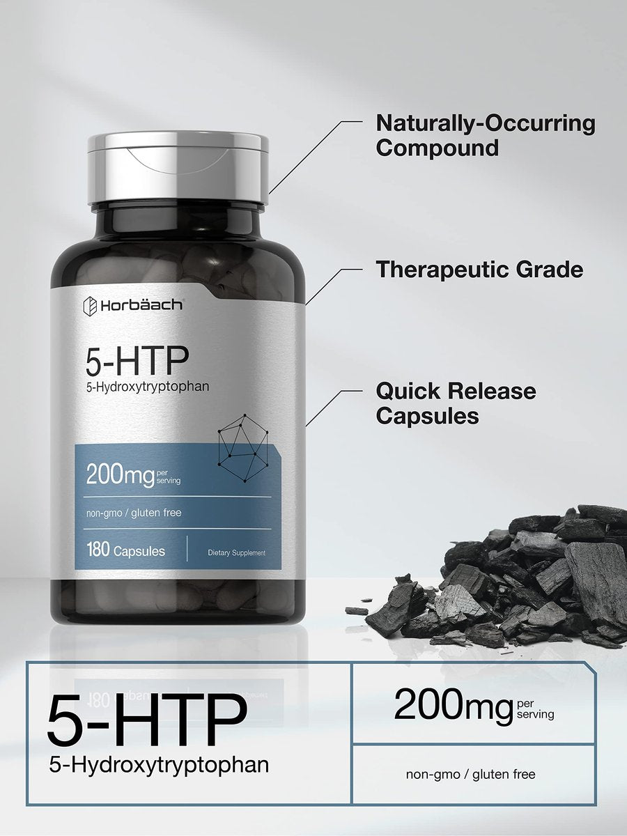 Horbäach 5-HTP 200 mg Nahrungsergänzungsmittel – 180 Kapseln, extra stark, aus Griffonia simplicifolia, non-GMO, glutenfrei