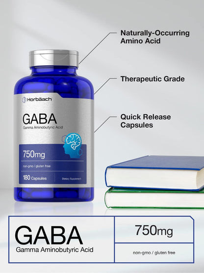 Horbäach GABA 750mg | 180 Kapseln | Gamma-Aminobuttersäure | Non-GMO, Glutenfrei