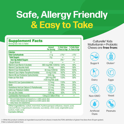 Culturelle Kids Complete Kautabletten Multivitamin + Probiotikum für Kinder, ab 3 Jahren, 50 Stück, Unterstützung für Verdauung, Mundgesundheit und Immunsystem – mit 11 Vitaminen & Mineralstoffen, inkl. Vitamin C, D3 & Zink