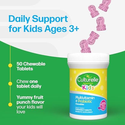 Culturelle Kids Complete Kautabletten Multivitamin + Probiotikum für Kinder, ab 3 Jahren, 50 Stück, Unterstützung für Verdauung, Mundgesundheit und Immunsystem – mit 11 Vitaminen & Mineralstoffen, inkl. Vitamin C, D3 & Zink