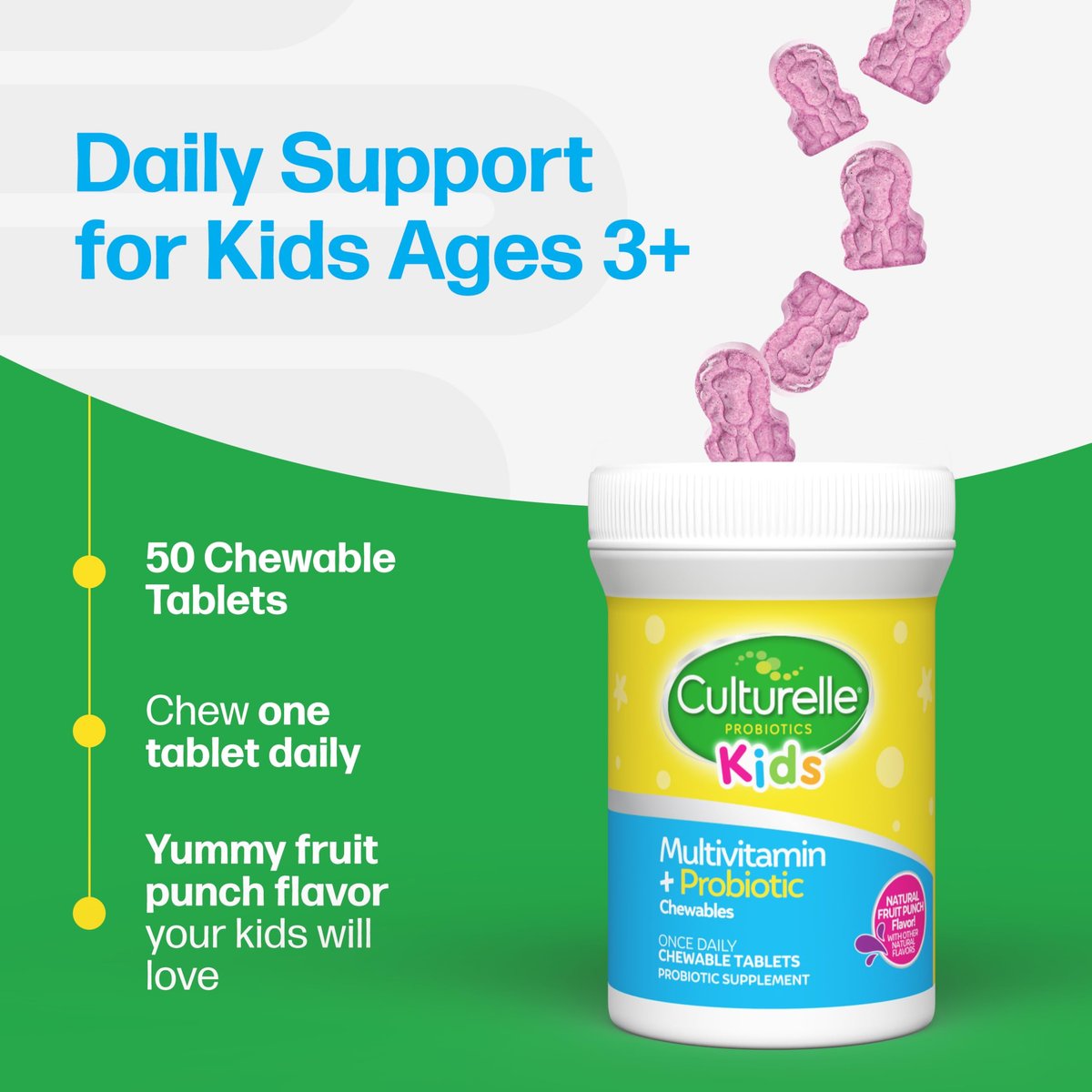 Culturelle Kids Complete Kautabletten Multivitamin + Probiotikum für Kinder, ab 3 Jahren, 50 Stück, Unterstützung für Verdauung, Mundgesundheit und Immunsystem – mit 11 Vitaminen & Mineralstoffen, inkl. Vitamin C, D3 & Zink