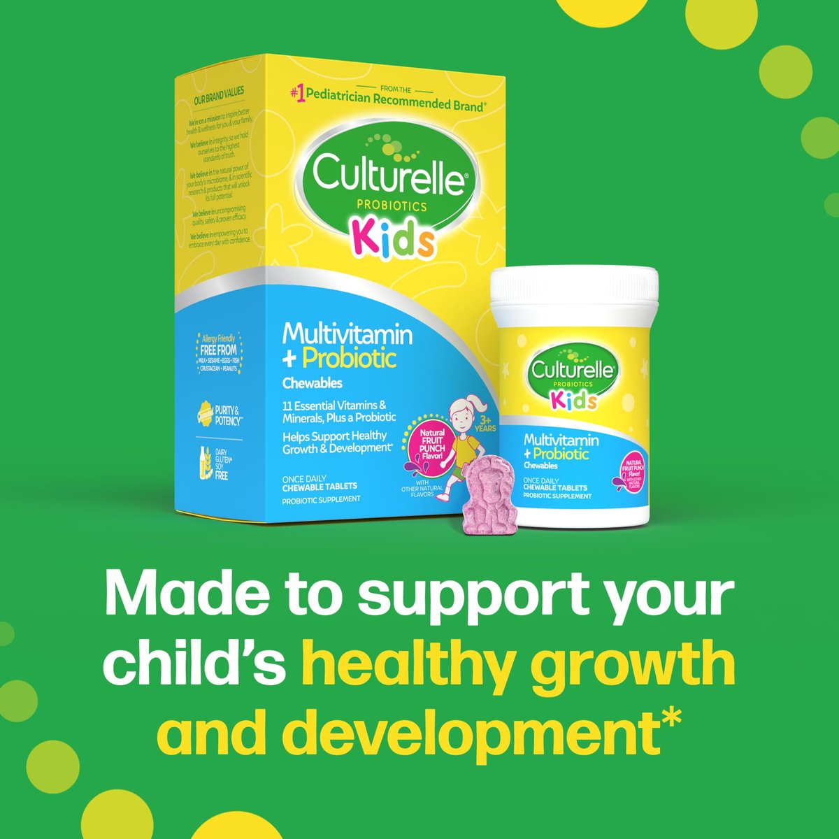 Culturelle Kids Complete Kautabletten Multivitamin + Probiotikum für Kinder, ab 3 Jahren, 50 Stück, Unterstützung für Verdauung, Mundgesundheit und Immunsystem – mit 11 Vitaminen & Mineralstoffen, inkl. Vitamin C, D3 & Zink