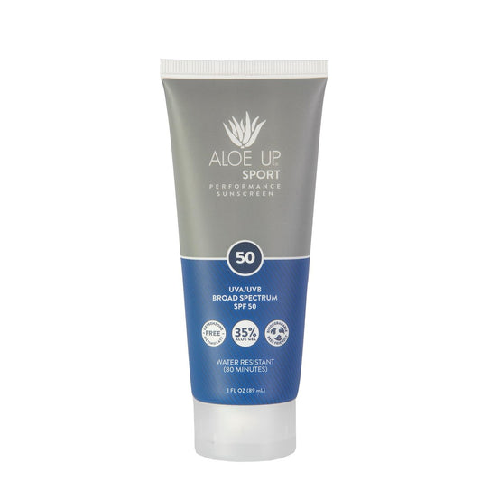 Aloe Up Sport Sonnenlotion SPF 50 – Breitband-Sonnenschutz mit Aloe Vera – Nicht fettend, kein weißer Film – Riffreundlich – Wasserbeständig 80 Minuten – Duftfrei – 89 ml