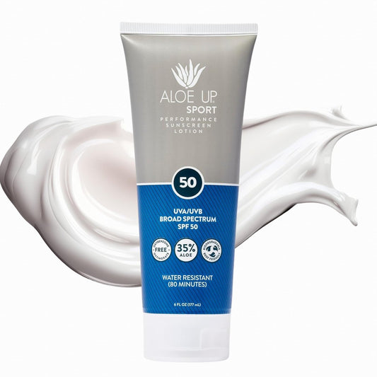 Aloe Up Sport Sonnenlotion LSF 50 - Breitband UVA/UVB Sonnenschutz für Gesicht und Körper - Mit feuchtigkeitsspendendem Aloe Vera Gel - Nicht fettend - Kein weißer Schimmer - Riffschonend - Duftfrei - 177 ml