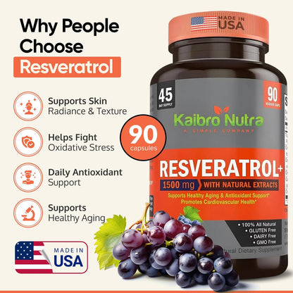 Kaibro Nutra Resveratrol Kapseln, 1500 mg extra stark mit Trans-Resveratrol, Quercetin und Japanischem Staudenknöterich-Extrakt – Anti-Aging, strahlende Haut & Immununterstützung, vegan & nicht-GVO, 90 Kapseln