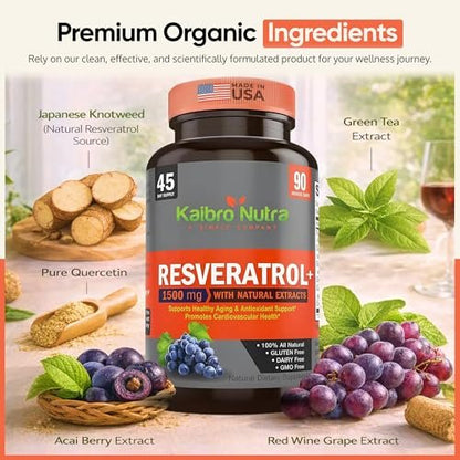 Kaibro Nutra Resveratrol Kapseln, 1500 mg extra stark mit Trans-Resveratrol, Quercetin und Japanischem Staudenknöterich-Extrakt – Anti-Aging, strahlende Haut & Immununterstützung, vegan & nicht-GVO, 90 Kapseln