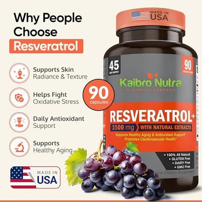 Kaibro Nutra Resveratrol Kapseln, 1500 mg extra stark mit Trans-Resveratrol, Quercetin und Japanischem Staudenknöterich-Extrakt – Anti-Aging, strahlende Haut & Immununterstützung, vegan & nicht-GVO, 90 Kapseln