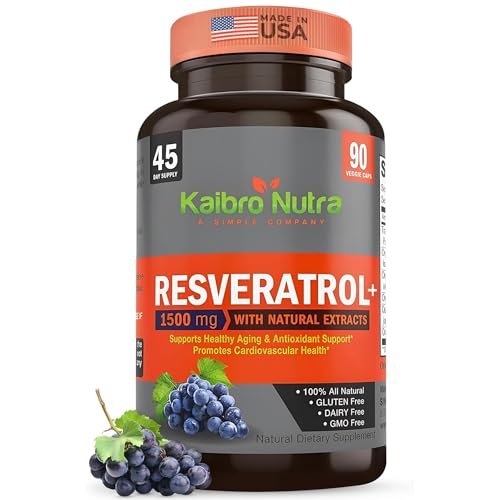 Kaibro Nutra Resveratrol Kapseln, 1500 mg extra stark mit Trans-Resveratrol, Quercetin und Japanischem Staudenknöterich-Extrakt – Anti-Aging, strahlende Haut & Immununterstützung, vegan & nicht-GVO, 90 Kapseln