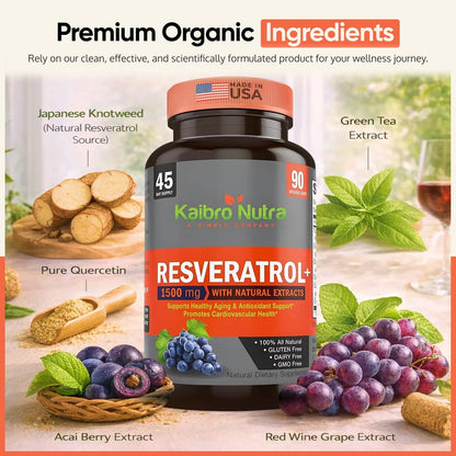 Kaibro Nutra Resveratrol Kapseln, 1500 mg extra stark mit Trans-Resveratrol, Quercetin und Japanischem Staudenknöterich-Extrakt – Anti-Aging, strahlende Haut & Immununterstützung, vegan & nicht-GVO, 90 Kapseln