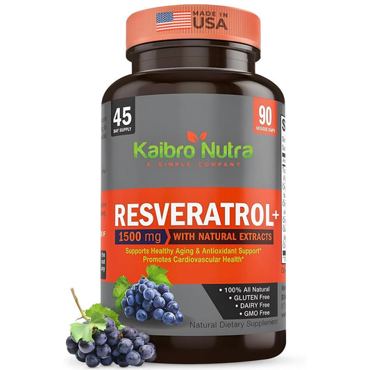 Kaibro Nutra Resveratrol Kapseln, 1500 mg extra stark mit Trans-Resveratrol, Quercetin und Japanischem Staudenknöterich-Extrakt – Anti-Aging, strahlende Haut & Immununterstützung, vegan & nicht-GVO, 90 Kapseln