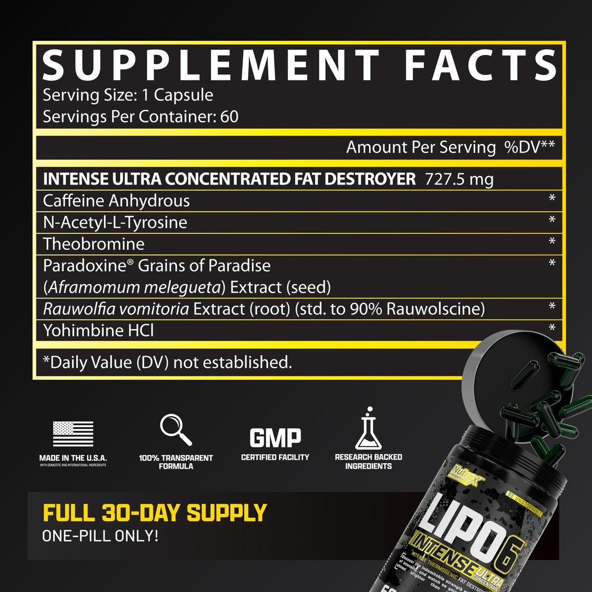 Nutrex Research Lipo6 Black Intense Ultra Concentrate – Thermogener Fettverbrenner für Männer und Frauen | Diät-Gewichtsverlust & Appetitzügler | 60 Kapseln
