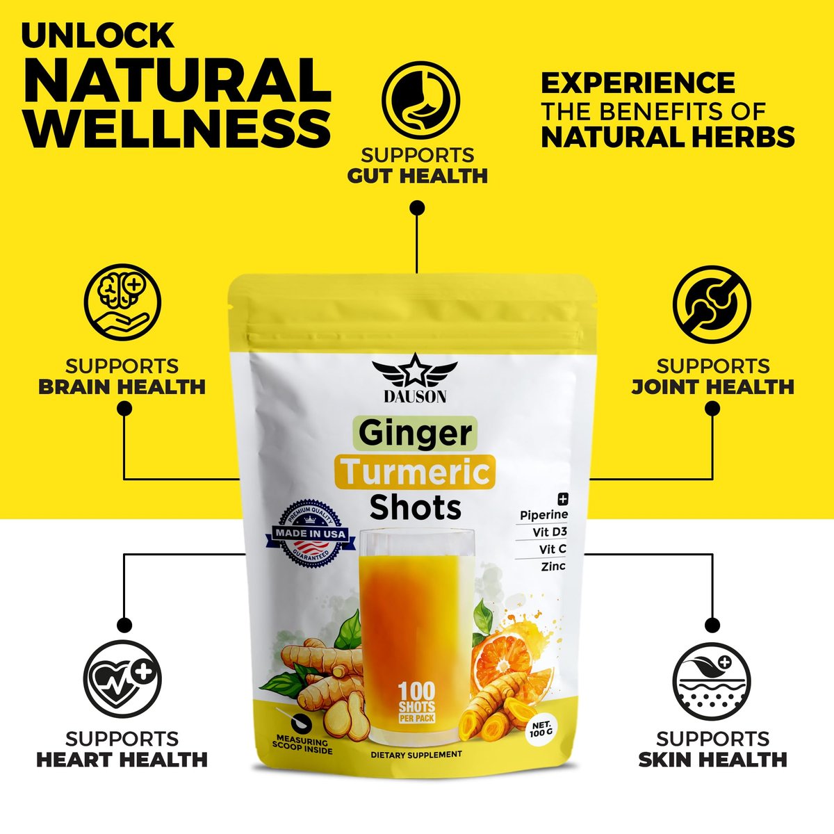 Ginger Turmeric Shots mit Piperin, Vitaminen, Zink & Kräutern | Unterstützt Gelenke, Herz, Gehirn, Darm & Haut | Stärkt Immunsystem & Energie | 100 Portionen