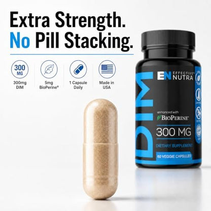 Effective Nutra DIM Supplement 300mg + BioPerine, Extra Stark Östrogenblocker für Männer & Hormonbalance für Frauen – Diindolylmethan, Hormonelle Akne, Wechseljahre Unterstützung – 60 vegane Kapseln