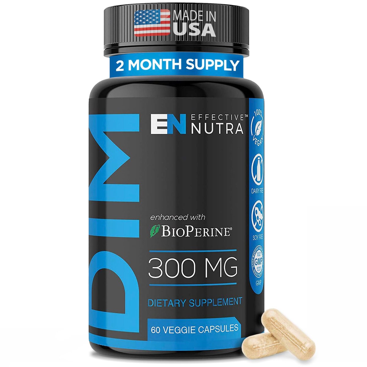Effective Nutra DIM Supplement 300mg + BioPerine, Extra Stark Östrogenblocker für Männer & Hormonbalance für Frauen – Diindolylmethan, Hormonelle Akne, Wechseljahre Unterstützung – 60 vegane Kapseln