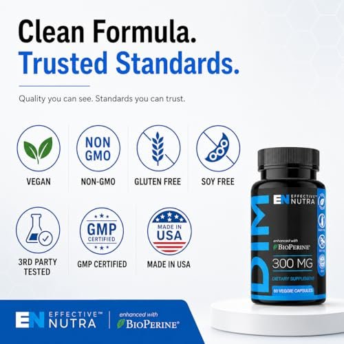 Effective Nutra DIM Supplement 300mg + BioPerine, Extra Stark Östrogenblocker für Männer & Hormonbalance für Frauen – Diindolylmethan, Hormonelle Akne, Wechseljahre Unterstützung – 60 vegane Kapseln