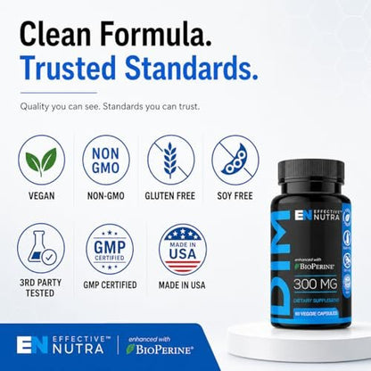 Effective Nutra DIM Supplement 300mg + BioPerine, Extra Stark Östrogenblocker für Männer & Hormonbalance für Frauen – Diindolylmethan, Hormonelle Akne, Wechseljahre Unterstützung – 60 vegane Kapseln