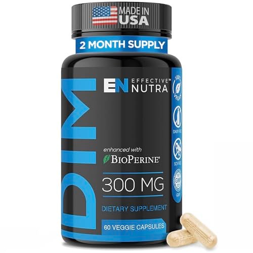 Effective Nutra DIM Supplement 300mg + BioPerine, Extra Stark Östrogenblocker für Männer & Hormonbalance für Frauen – Diindolylmethan, Hormonelle Akne, Wechseljahre Unterstützung – 60 vegane Kapseln