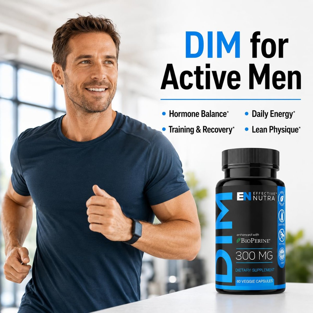 Effective Nutra DIM Supplement 300mg + BioPerine, Extra Stark Östrogenblocker für Männer & Hormonbalance für Frauen – Diindolylmethan, Hormonelle Akne, Wechseljahre Unterstützung – 60 vegane Kapseln