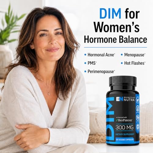 Effective Nutra DIM Supplement 300mg + BioPerine, Extra Stark Östrogenblocker für Männer & Hormonbalance für Frauen – Diindolylmethan, Hormonelle Akne, Wechseljahre Unterstützung – 60 vegane Kapseln