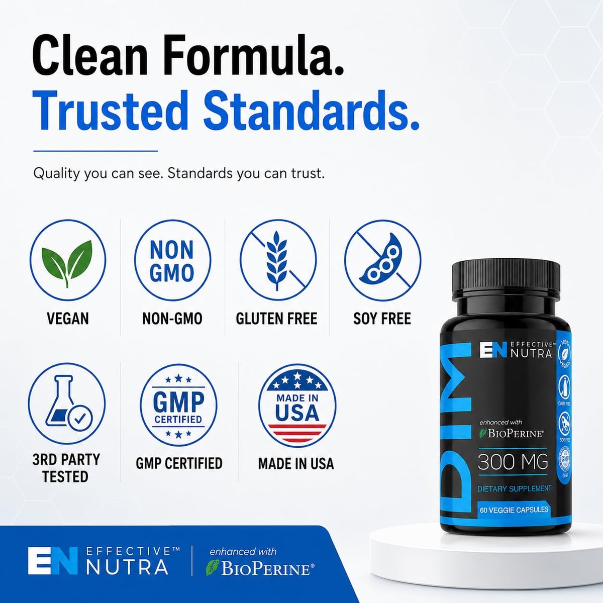 Effective Nutra DIM Supplement 300mg + BioPerine, Extra Stark Östrogenblocker für Männer & Hormonbalance für Frauen – Diindolylmethan, Hormonelle Akne, Wechseljahre Unterstützung – 60 vegane Kapseln