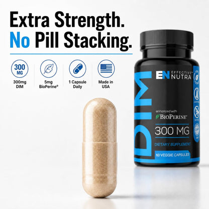 Effective Nutra DIM Supplement 300mg + BioPerine, Extra Stark Östrogenblocker für Männer & Hormonbalance für Frauen – Diindolylmethan, Hormonelle Akne, Wechseljahre Unterstützung – 60 vegane Kapseln