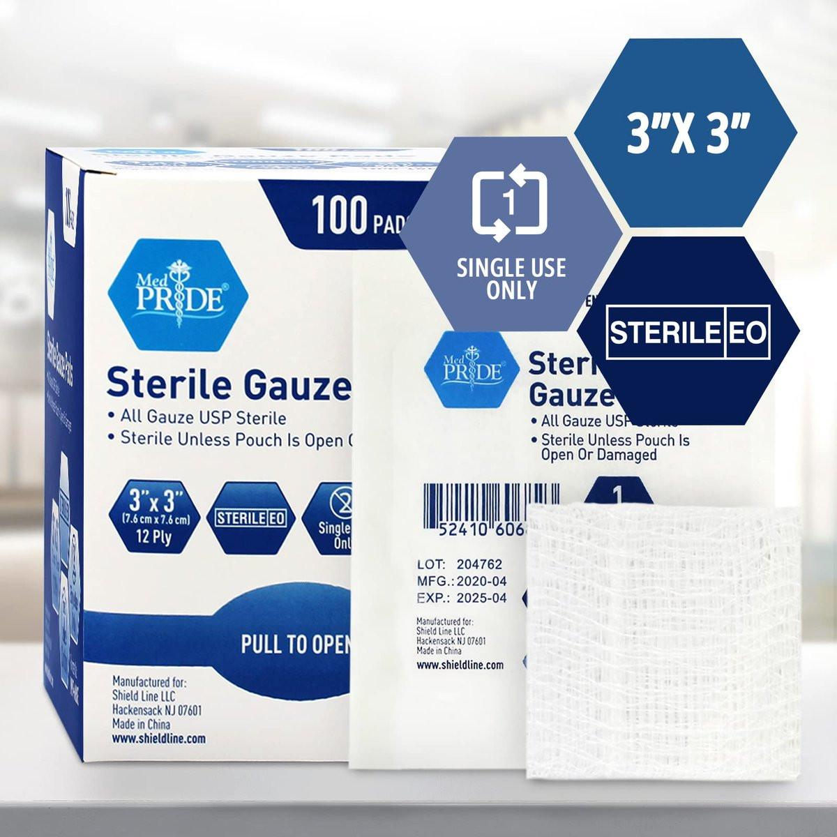 MED PRIDE Sterile Mullkompressen, 12-lagig, hochsaugfähige Baumwolle, einzeln verpackt, nicht haftend, schmerzfreier Wechsel (3x3 Zoll, 100 Stück)