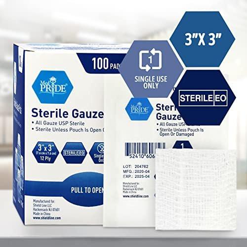 MED PRIDE Sterile Mullkompressen, 12-lagig, hochsaugfähige Baumwolle, einzeln verpackt, nicht haftend, schmerzfreier Wechsel (3x3 Zoll, 100 Stück)