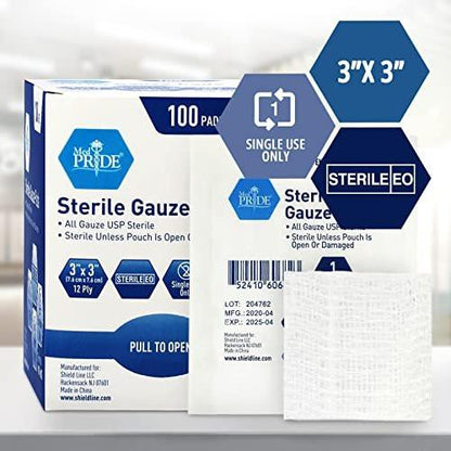 MED PRIDE Sterile Mullkompressen, 12-lagig, hochsaugfähige Baumwolle, einzeln verpackt, nicht haftend, schmerzfreier Wechsel (3x3 Zoll, 100 Stück)