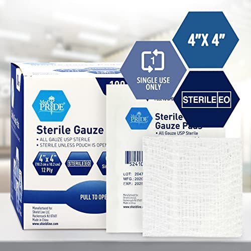 MED PRIDE Sterile Mullkompressen, einzeln verpackt, nicht haftend, 12-lagig, saugfähig für die Wundversorgung (10x10 cm, 100 Stück)