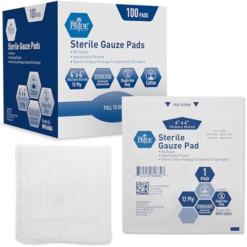 MED PRIDE Sterile Mullkompressen, einzeln verpackt, nicht haftend, 12-lagig, saugfähig für die Wundversorgung (10x10 cm, 100 Stück)