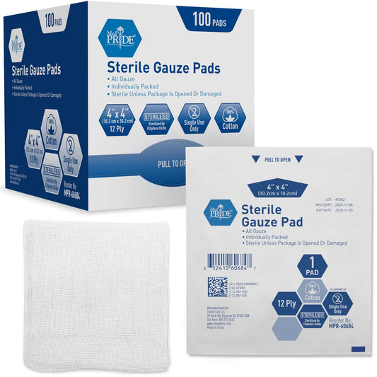 MED PRIDE Sterile Mullkompressen, einzeln verpackt, nicht haftend, 12-lagig, saugfähig für die Wundversorgung (10x10 cm, 100 Stück)