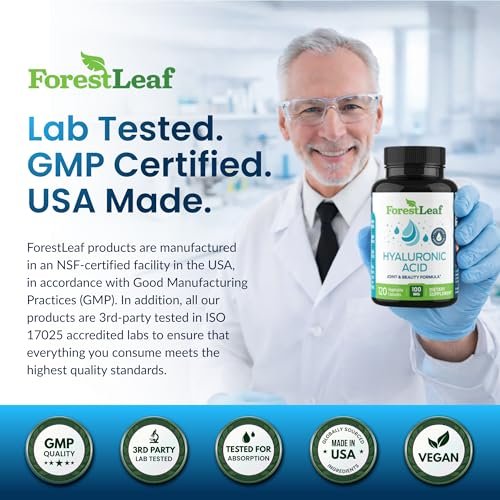 ForestLeaf Hyaluronsäure Kapseln | 100mg hoch bioverfügbares Hyaluron + 50mg Vitamin C | Für Hautfeuchtigkeit, Gelenkschmierung, Anti-Aging, Haare & Nägel | 120 Kapseln