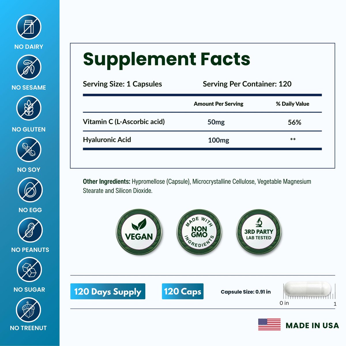 ForestLeaf Hyaluronsäure Kapseln | 100mg hoch bioverfügbares Hyaluron + 50mg Vitamin C | Für Hautfeuchtigkeit, Gelenkschmierung, Anti-Aging, Haare & Nägel | 120 Kapseln