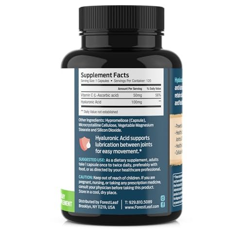 ForestLeaf Hyaluronsäure Kapseln | 100mg hoch bioverfügbares Hyaluron + 50mg Vitamin C | Für Hautfeuchtigkeit, Gelenkschmierung, Anti-Aging, Haare & Nägel | 120 Kapseln