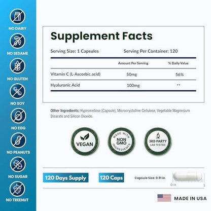 ForestLeaf Hyaluronsäure Kapseln | 100mg hoch bioverfügbares Hyaluron + 50mg Vitamin C | Für Hautfeuchtigkeit, Gelenkschmierung, Anti-Aging, Haare & Nägel | 120 Kapseln