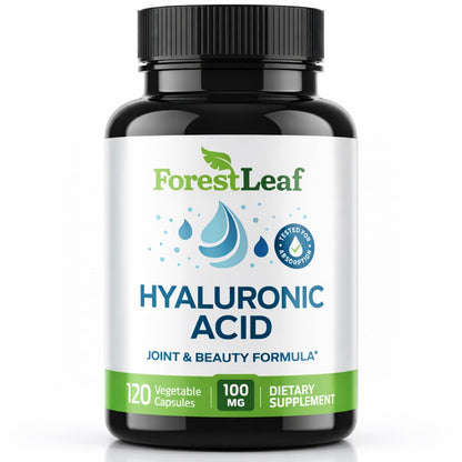 ForestLeaf Hyaluronsäure Kapseln | 100mg hoch bioverfügbares Hyaluron + 50mg Vitamin C | Für Hautfeuchtigkeit, Gelenkschmierung, Anti-Aging, Haare & Nägel | 120 Kapseln