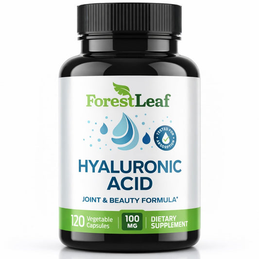 ForestLeaf Hyaluronsäure Kapseln | 100mg hoch bioverfügbares Hyaluron + 50mg Vitamin C | Für Hautfeuchtigkeit, Gelenkschmierung, Anti-Aging, Haare & Nägel | 120 Kapseln
