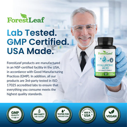 ForestLeaf Hyaluronsäure Kapseln | 100mg hoch bioverfügbares Hyaluron + 50mg Vitamin C | Für Hautfeuchtigkeit, Gelenkschmierung, Anti-Aging, Haare & Nägel | 120 Kapseln