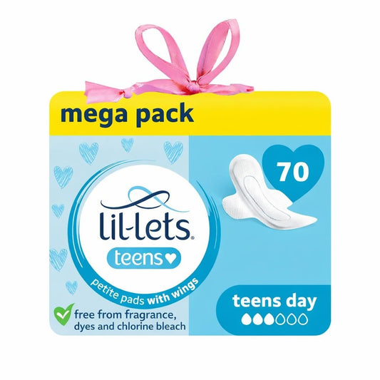 Lil-Lets Teens Binden mit Flügeln – 70 Stück Periodenbinden, dünn, saugstark, weich & atmungsaktiv, parfümfrei – für die erste Periode, leichte bis mittlere Tage