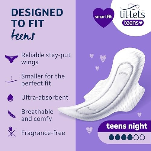Lil-Lets Teens Nachtbinden mit Flügeln – 50 Stück Periodenbinden, dünn, super saugfähig, weich & atmungsaktiv, parfümfrei – erste Periode, starke Nächte