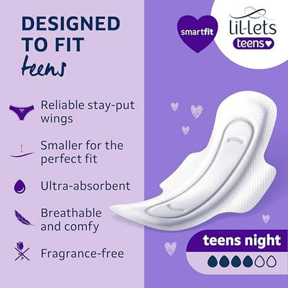 Lil-Lets Teens Nachtbinden mit Flügeln – 50 Stück Periodenbinden, dünn, super saugfähig, weich & atmungsaktiv, parfümfrei – erste Periode, starke Nächte
