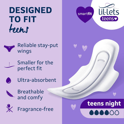 Lil-Lets Teens Nachtbinden mit Flügeln – 50 Stück Periodenbinden, dünn, super saugfähig, weich & atmungsaktiv, parfümfrei – erste Periode, starke Nächte