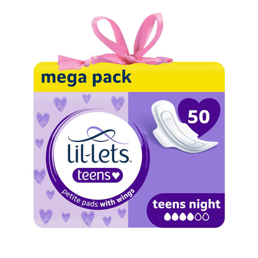 Lil-Lets Teens Nachtbinden mit Flügeln – 50 Stück Periodenbinden, dünn, super saugfähig, weich & atmungsaktiv, parfümfrei – erste Periode, starke Nächte