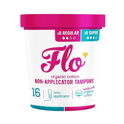 FLO Bio-Baumwoll-Tampons ohne Applikator – 16 Stück (8 Regular, 8 Super) – Auslaufsicher, chlorfrei gebleicht, vegan & tierversuchsfrei