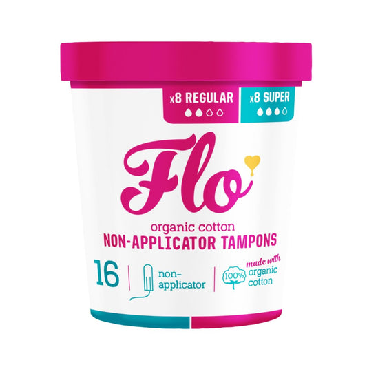 FLO Bio-Baumwoll-Tampons ohne Applikator – 16 Stück (8 Regular, 8 Super) – Auslaufsicher, chlorfrei gebleicht, vegan & tierversuchsfrei