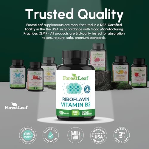 ForestLeaf Vitamin B2 Riboflavin 400mg – Energie, Haut & Zellgesundheit – Unterstützt das Nervensystem – Nicht-GVO & Glutenfrei – 90 Kapseln