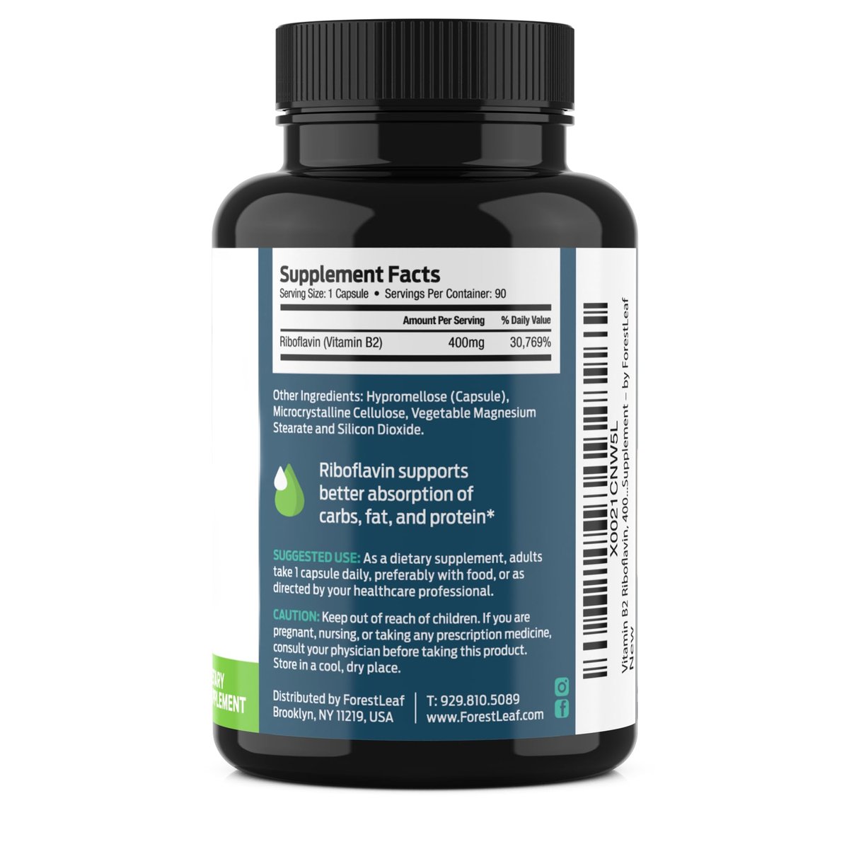 ForestLeaf Vitamin B2 Riboflavin 400mg – Energie, Haut & Zellgesundheit – Unterstützt das Nervensystem – Nicht-GVO & Glutenfrei – 90 Kapseln