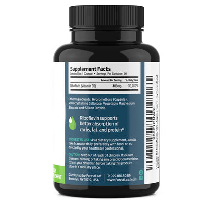 ForestLeaf Vitamin B2 Riboflavin 400mg – Energie, Haut & Zellgesundheit – Unterstützt das Nervensystem – Nicht-GVO & Glutenfrei – 90 Kapseln