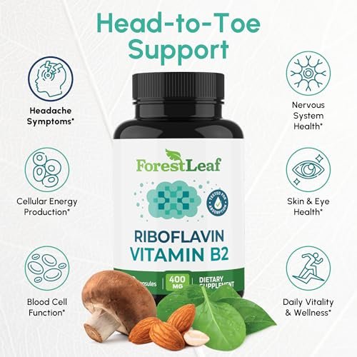 ForestLeaf Vitamin B2 Riboflavin 400mg – Energie, Haut & Zellgesundheit – Unterstützt das Nervensystem – Nicht-GVO & Glutenfrei – 90 Kapseln